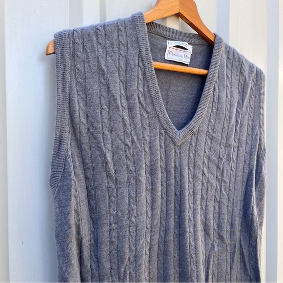 Christian Dior Vest Cable Knit Gray Blue Orlon Acrylic Sweater Mens Medium M - Picture 7 of 8